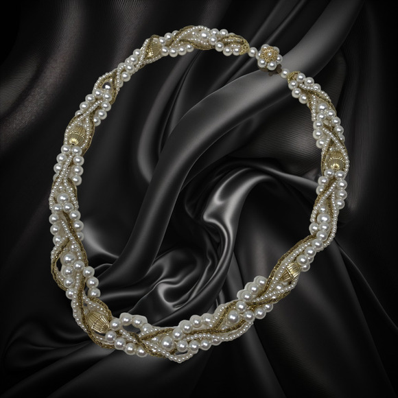 Vintage Faux Pearl & Gold Multi Strand Twisted Beaded Necklace Gold Tone 14" - Picture 1 of 7